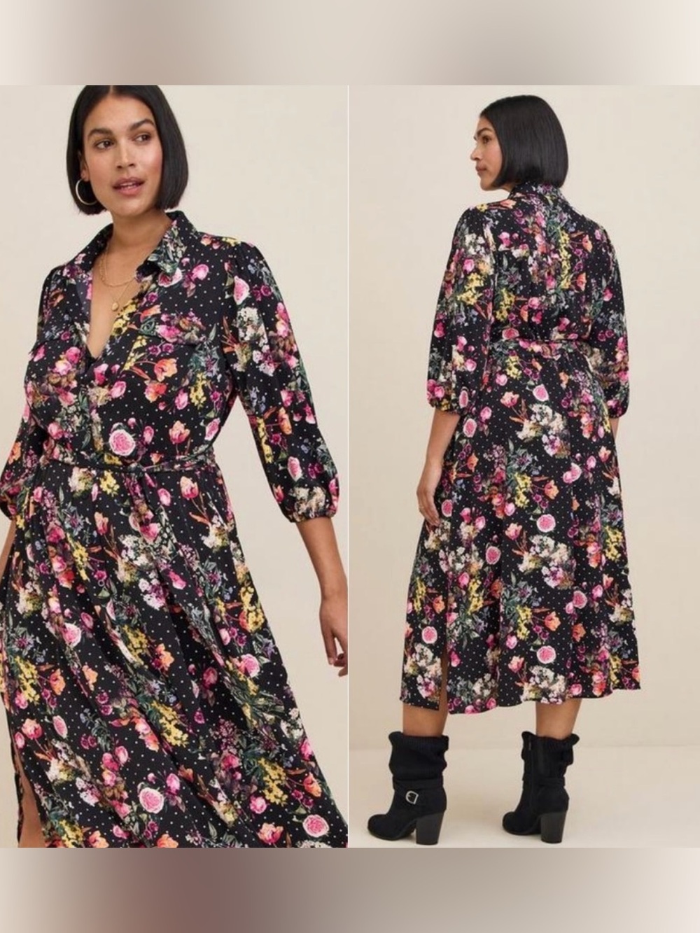 TORRID Tea Length Studio Refined Woven Shirt Dress Black Floral 4X